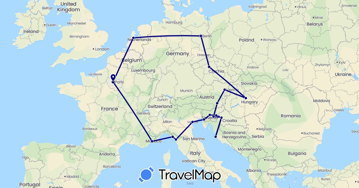 TravelMap itinerary: driving in Austria, Czech Republic, Germany, France, Croatia, Hungary, Italy, Netherlands, Slovenia (Europe)