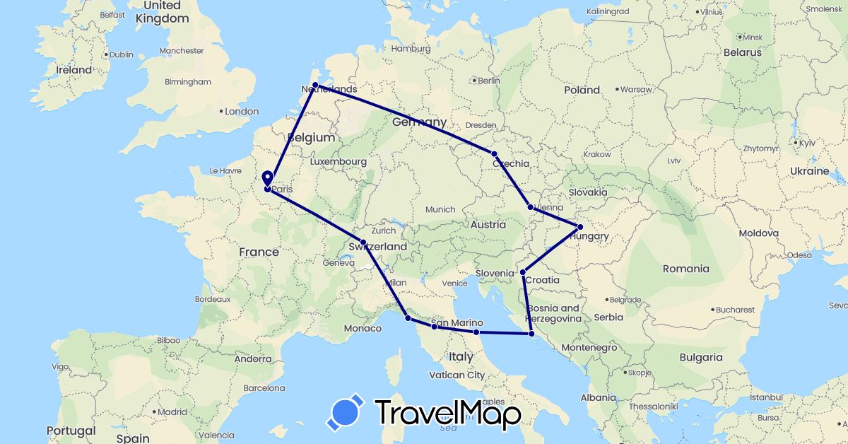 TravelMap itinerary: driving in Austria, Switzerland, Czech Republic, France, Croatia, Hungary, Italy, Netherlands (Europe)